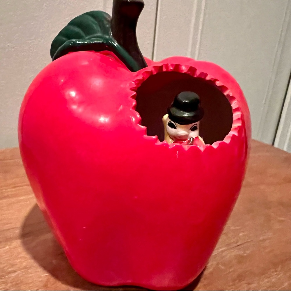 Vintage ceramic Red Apple with dancing worm music box Figurine